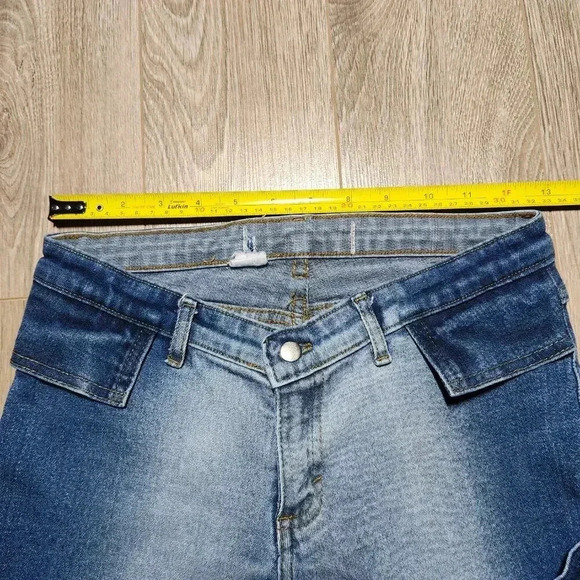 Tall Y2K bleached dark wash flared jeans with thigh buckles ✦ XXS - Picture 4 of 7